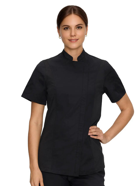 Women Short Sleeve Chef Coat In Sleek Black Legit Culinary Jacket With Heavy Duty Cotton Poly Blend. Stylish fit with mesh detail.