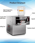 Heavy Duty Commercial Snowflake Ice Maker showing stainless steel structure, high-temperature resistant drum, and cooling fan.