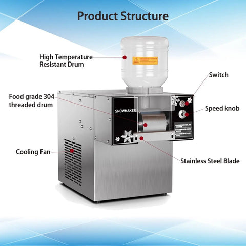 Heavy Duty Commercial Snowflake Ice Maker showing stainless steel structure, high-temperature resistant drum, and cooling fan.