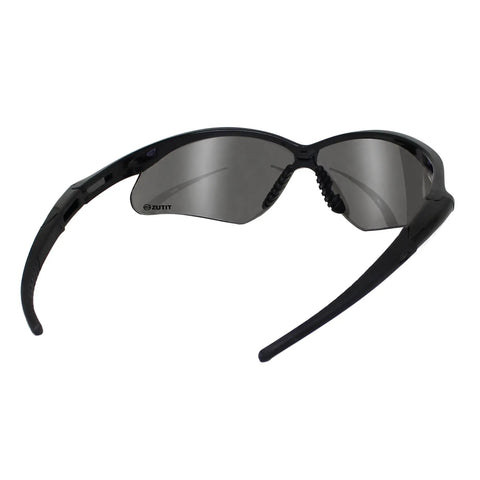 Top Shelf Mirror Shooting Safety Glasses Featuring Ansi Z87 Impact Rating And Uv400 Sun Guard Lenses Built Tough For The Range And Casual Outdoor Runs Today, side view with black frames and smoke tint lenses.
