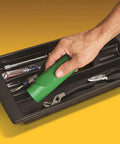 Hand placing Flexible Shapeable Funnel For Any Job, Reusable Silicone Pouring Tool in toolbox with tools.