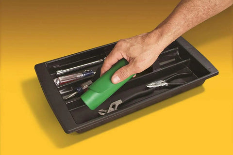 Hand placing Flexible Shapeable Funnel For Any Job, Reusable Silicone Pouring Tool in toolbox with tools.