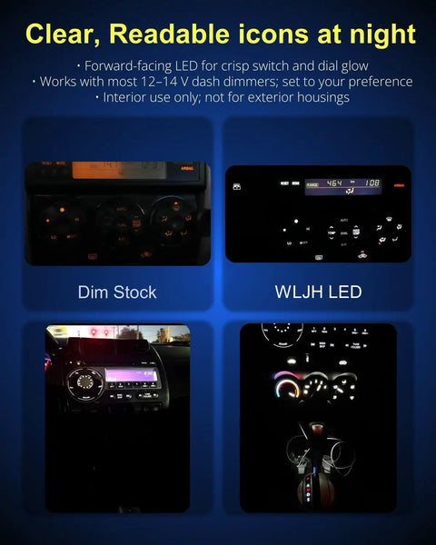 Comparison of dim stock vs. bright WLJH LED dash displays, highlighting 10 Pack White T3 Neo Wedge 3030 LED Bulbs with 8mm base