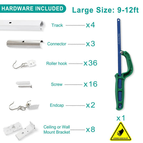 Sturdy Aluminum Curtain Track Kit With Adjustable 9 To 12 Foot Ceiling Or Wall Mount, No-Fuss Sliding Door Rail System For Grommet And Pleated Drapes, White Finish, Rust Resistant, Easy Install hardware set with tracks, hooks, screws and brackets