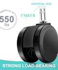 Front view of black office chair caster wheel with metal stem; universal 7/16 x 7/8, 550 lb load capacity.
