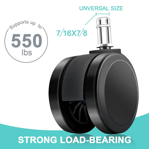 Front view of black office chair caster wheel with metal stem; universal 7/16 x 7/8, 550 lb load capacity.