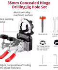 35mm Concealed Door Hinge Jig for Precise Cabinet Installations with Pro Grade Aluminum Frame and Adjustable Double Clamping Plates Plus Quick Punch and 2 Retaining Clips for Fast Accurate Hinge Positioning