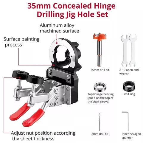 35mm Concealed Door Hinge Jig for Precise Cabinet Installations with Pro Grade Aluminum Frame and Adjustable Double Clamping Plates Plus Quick Punch and 2 Retaining Clips for Fast Accurate Hinge Positioning