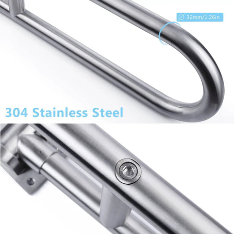 Close-up of Sturdy 23.6 Inch Stainless Steel Toilet Grab Bar With Flip Up Design for Bathroom Safety showing 304 stainless steel material.