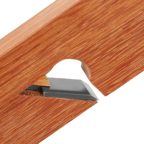 Close-up of Premium Professional Grade Single Pull Hand Planer with tool steel iron blade showing on wooden surface.