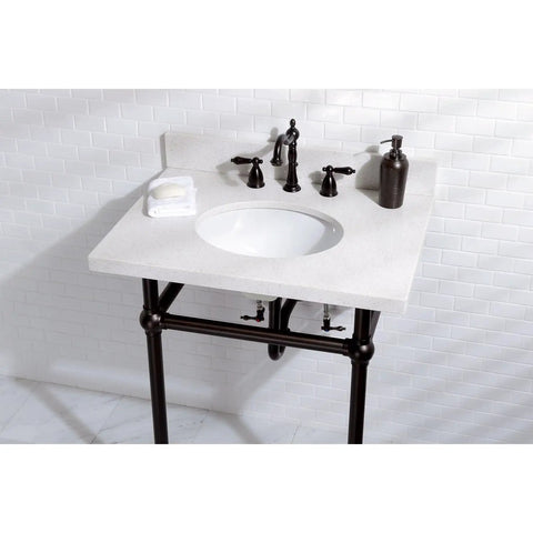 Heritage 8 Inch Widespread Lavatory Faucet With Brass Pop Up Dope Matte Black Finish installed on bathroom sink