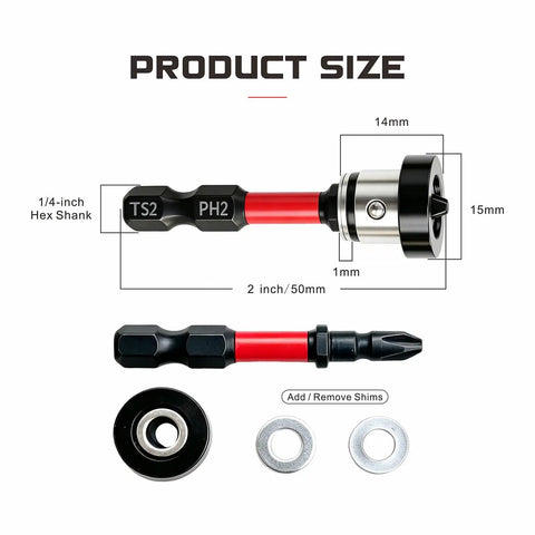 6 Pcs Magnetic Drywall Screw Setter Bits Featuring Ph2 Depth Stop Dimpler Adapter For Sweet Wall Finishes And No Fuss Fastener Sinking To Help You Crush Every Home Renovation Project. Size and shape details, featuring hex shank and adjustable collar.