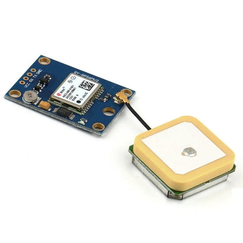 Neo-6M GPS Flight Controller Module 3V-5V with ceramic antenna for Arduino APM 2.5, shown with wiring and components.