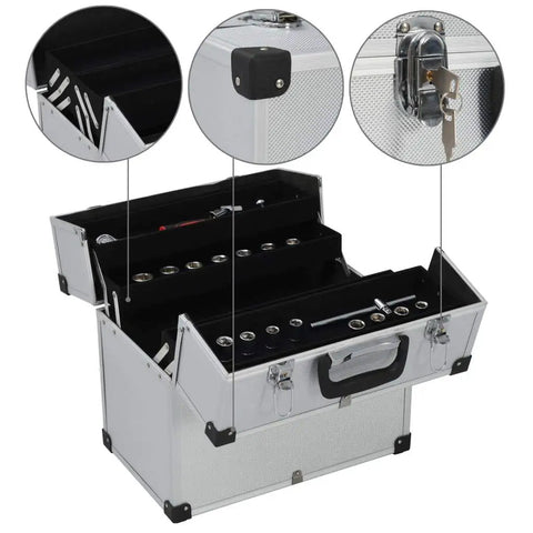 Sturdy Aluminum Tool Case With Six Extendable Trays Lockable Portable Organizer For Tools Like Screwdrivers Pliers And Wrenches