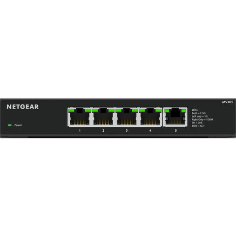 Front view of Five Port 2.5Gbps Multi Gig Unmanaged Ethernet Switch For Fast No Fuss Networking Desktop Or Wall Mount Metal Case Plug And Play