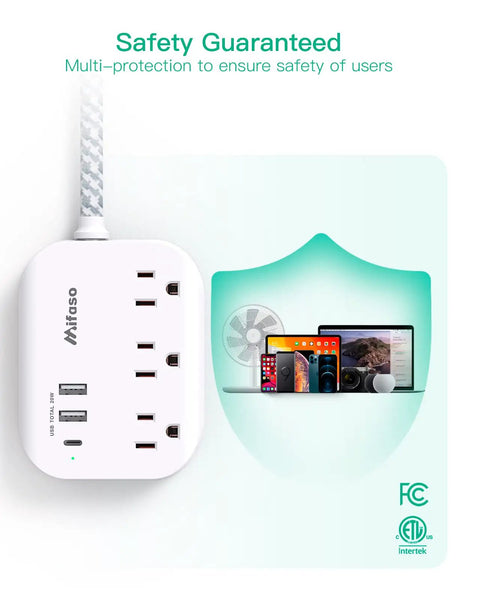 Flat Plug Power Strip With 3 Outlets And 3 USB Ports Including 20W USB C Power Delivery 5Ft Braided Extension Cord image