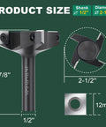 CNC Spoilboard Surfacing Router Bit With 1/2 Inch Shank 2-1/2 Inch Cutting Diameter 4 Wing Carbide Planing Bit For Slab Flattening And Woodworking High Performance Router Bit For Faster Smoother Planing shown with measurements.