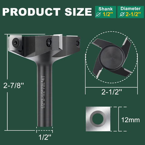 CNC Spoilboard Surfacing Router Bit With 1/2 Inch Shank 2-1/2 Inch Cutting Diameter 4 Wing Carbide Planing Bit For Slab Flattening And Woodworking High Performance Router Bit For Faster Smoother Planing shown with measurements.