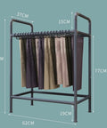 Space Saving Trouser Rack With 15 Heavy Duty Pants Clips And Smooth Wheels dimensions with vertical hanging trousers.