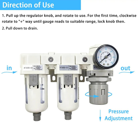 3/8 Inch NPT Compressed Air Filter And Regulator Combo With Water And Oil Trap Separator and Pressure Gauge