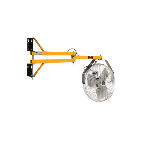 Relentless Warehouse Workhorse Loading Dock Wall Mount Air Circulator With 40 Inch Reach and 18 Inch Fan Head mounted on a wall.