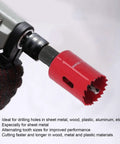 Heavy Duty Universal Hole Saw Kit For Metal Wood Plastic Cutting 3/4 To 2 Point Five In With Quick Release Plugs High Speed Steel Build For Fast Setup And Super Reliable Performance On Any Job Site, red hole saw on drill