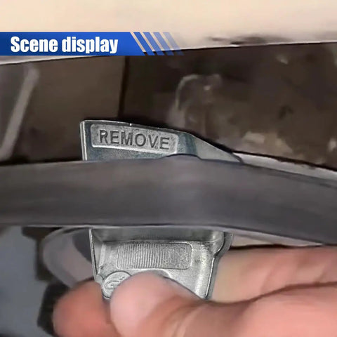 Close-up of metal belt remover in 2 Piece Stretch Belt Tool Kit For Serpentine And Timing Belts showing 'REMOVE' label.