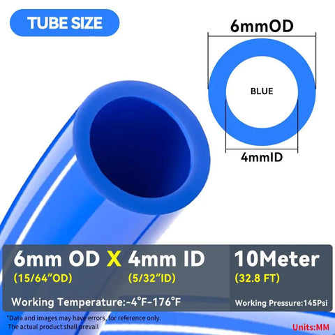 Blue Polyurethane Pneumatic Air Hose 6mm OD 4mm ID 10M Long PU Tube 145 PSI, showing tube size and specifications
