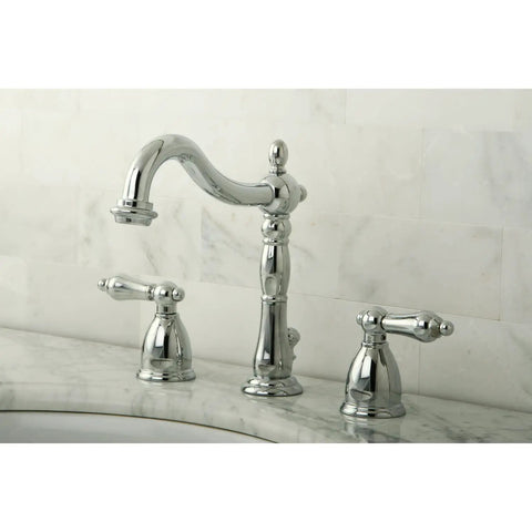 Heritage 8 Inch Widespread Lavatory Faucet With Brass Pop Up Dope Matte Black Finish For Modern Bathrooms Deck Mount 3 Hole Installation Six And One Half Inch Spout Reach One Point Two GPM, bathroom setting view.