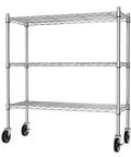 Three Tier Storage Shelves On Casters Heavy Duty Chrome Metal Shelving With Locking Wheels, Rust Resistant Garage Organizer For Home, Workshop Or Laundry, Mobile Shelving Rack with three chrome tiers and locking wheels
