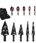 Pro Grade Five Piece Spiral Flute Step Drill Bit Set And Five Countersink Bits With Aluminum Case, shown full contents