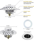 Diagram of 2 In 1 Bathtub Drain Plug Stopper Hair Catcher With Stainless Steel Filter Pop Up Drain fits US tubs, dimensions shown.