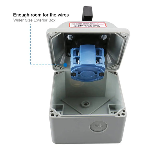 Universal Rotary Changeover Switch SZW26-20/D202.2D-W with wider exterior box open, showing interior setup for 2-phase motor control.