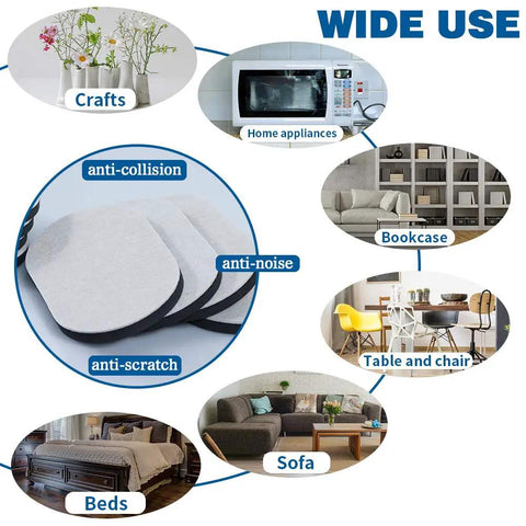 Eight Pack Heavy Duty Oval Felt Furniture Sliders For Moving On Hard Floors Easily Glide Couches Beds Armoires Reusable Durable Three And One Half Inch By Six Inch Size, showing multiple use areas like couches, beds, and crafts.