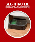 Child And Dog Resistant Mouse Bait Station With Clear View Lid for Easy Monitoring shown in use under cabinet