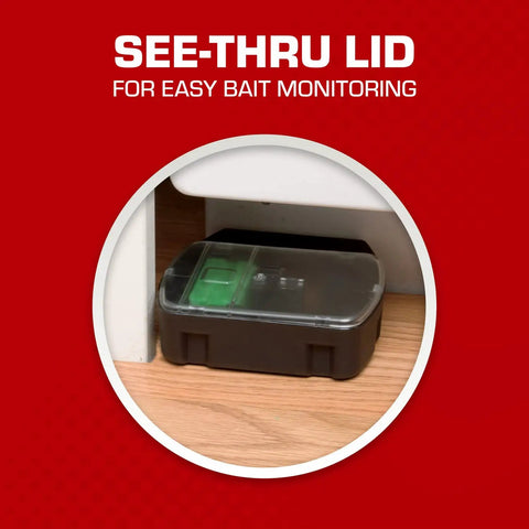 Child And Dog Resistant Mouse Bait Station With Clear View Lid for Easy Monitoring shown in use under cabinet