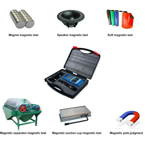 Handheld Surface Magnetic Field Gaussmeter With Ns Function And Metal Probe in case with magnets, speaker, and separator.