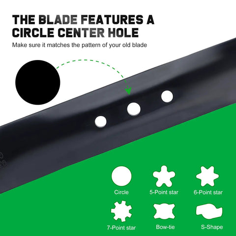 Close-up of mulching blade showing circle center hole, compatible with various Toro Recycler 22-inch models.