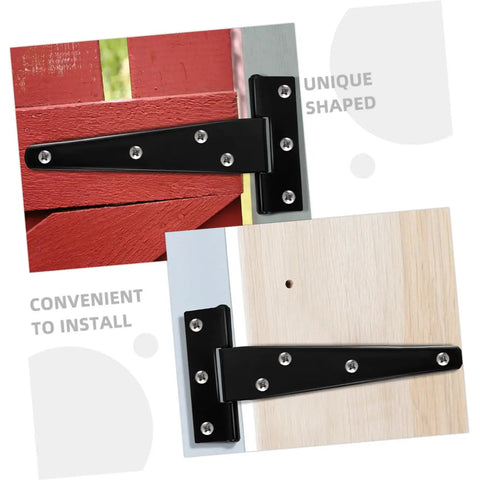 8 Piece 5 Inch Galvanized Steel T Shape Door Hinges Black Finish Detachable Weld On Hinges for Shed Doors shown on wood.