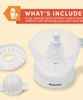 Elite Gourmet Compact Electric Citrus Juicer In White 30 Watt With 16 Oz Capacity For Fresh Orange Lemon Lime Squeezing includes juice container and accessories.