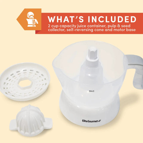 Elite Gourmet Compact Electric Citrus Juicer In White 30 Watt With 16 Oz Capacity For Fresh Orange Lemon Lime Squeezing includes juice container and accessories.