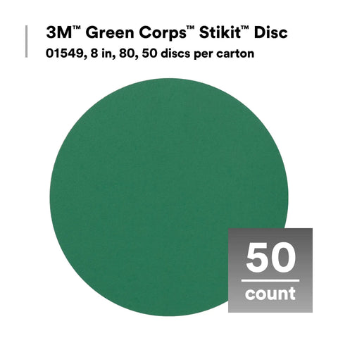 Green Corps Stikit Sanding Discs 8 Inch No Hole 80 Plus Grit Production Pack Of 50 For Coating Removal On Metal Surfaces And Auto Sanding Durable Backing For Tough Jobs Quick Cut And Great For Paint Removal Filler Shaping And Auto Body Projects, shown in circular format with 50 count label.