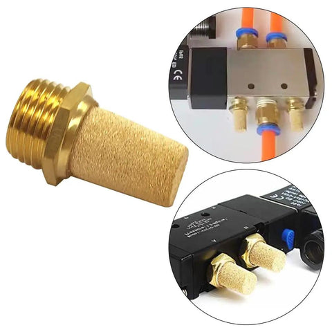 Three Pack Brass Half Inch NPT Pneumatic Mufflers Exhaust Silencers For Air Lines No Frills With Sintered Filter shown connected