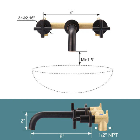 Oil Rubbed Bronze Wall Mount Bathroom Faucet With Two Handle Vanity, 360 Degree Rotating Spout, diagram showing dimensions