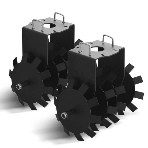Two Pack Disc Harrow Plow For ATV UTV And Garden Tractor Heavy Duty Scraper Blade To Break Ground Aerate Soil Boost Quality And Maximize Crop Yield On Food Plots showing dual steel construction with rotating blade discs