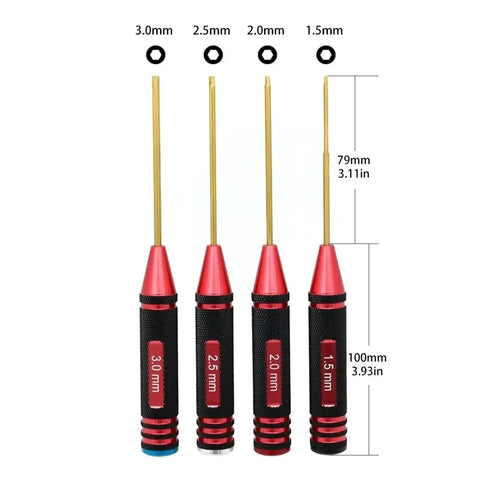 Four precision hex screwdrivers with red handles and sizes 3.0mm, 2.5mm, 2.0mm, 1.5mm; textured grips and measurement markings visible.