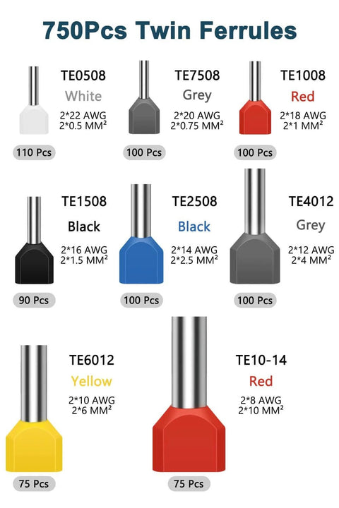 All Purpose Wire Ferrule Kit For 8 To 22 AWG 750 Piece Dual Bootlace Ferrules Set With Copper Tin Plated Ends Insulated PVC Sheath