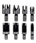 Top Shelf 8 Piece Wood Plug Cutter And Tapered Drill Bit Set Built Tough From Carbon Steel showing various sizes from 6mm to 16mm.
