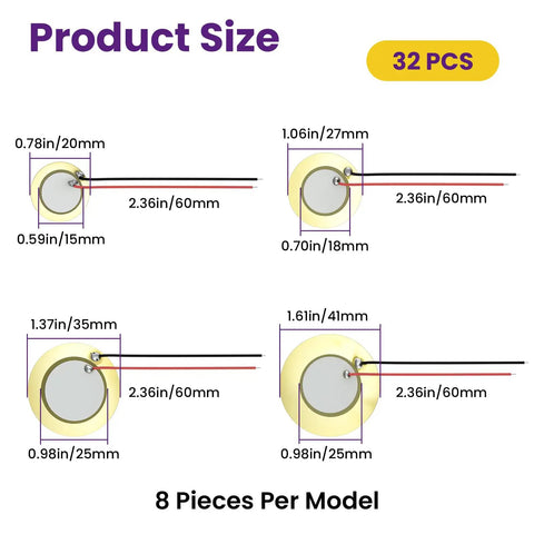 Diagram showing Piezo Disc Transducer Set With Wires 32Pcs 4 Sizes 20Mm 27Mm 35Mm 41Mm for acoustic instruments.