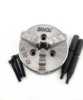 80mm 3 Jaw Self Centering Mini Lathe Chuck K01-80B with hardened steel jaws and mounting screws for woodworking.